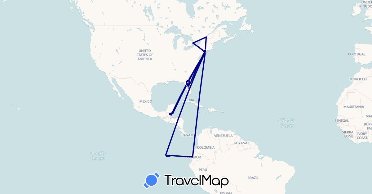 TravelMap itinerary: driving in Belize, Canada, Ecuador, Guatemala, United States (North America, South America)